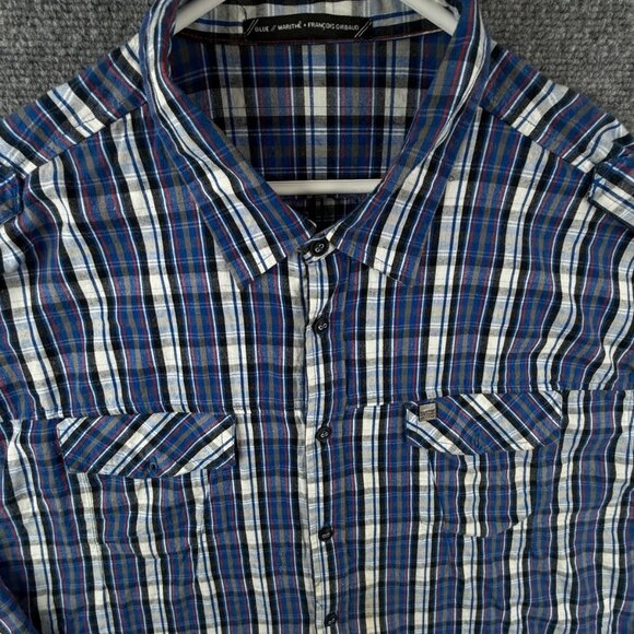 Marithe Francois Girbaud Button Up Long Sleeve Men Plaid Blue 2XL Epaulettes - Picture 1 of 16